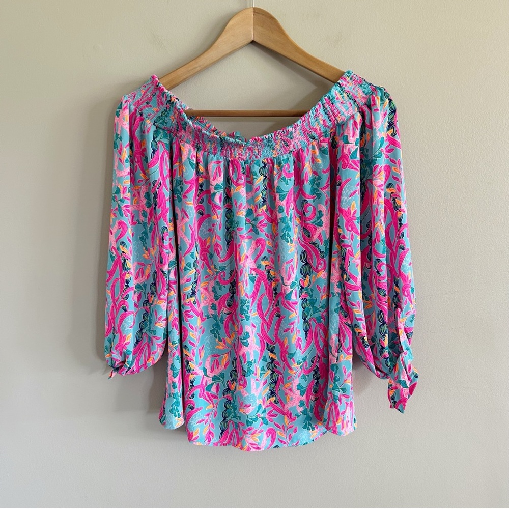 Lilly Pulitzer • Pink and Blue Floral off the shoulder Blouse